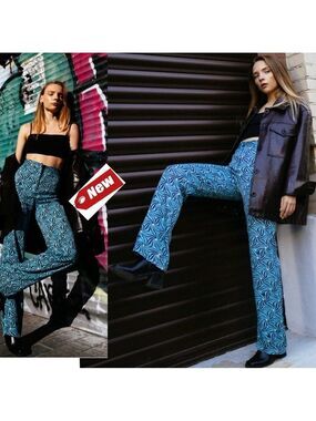 Pull&Bear blue black floral swirl all over printed flowy pants Sz XS NWT